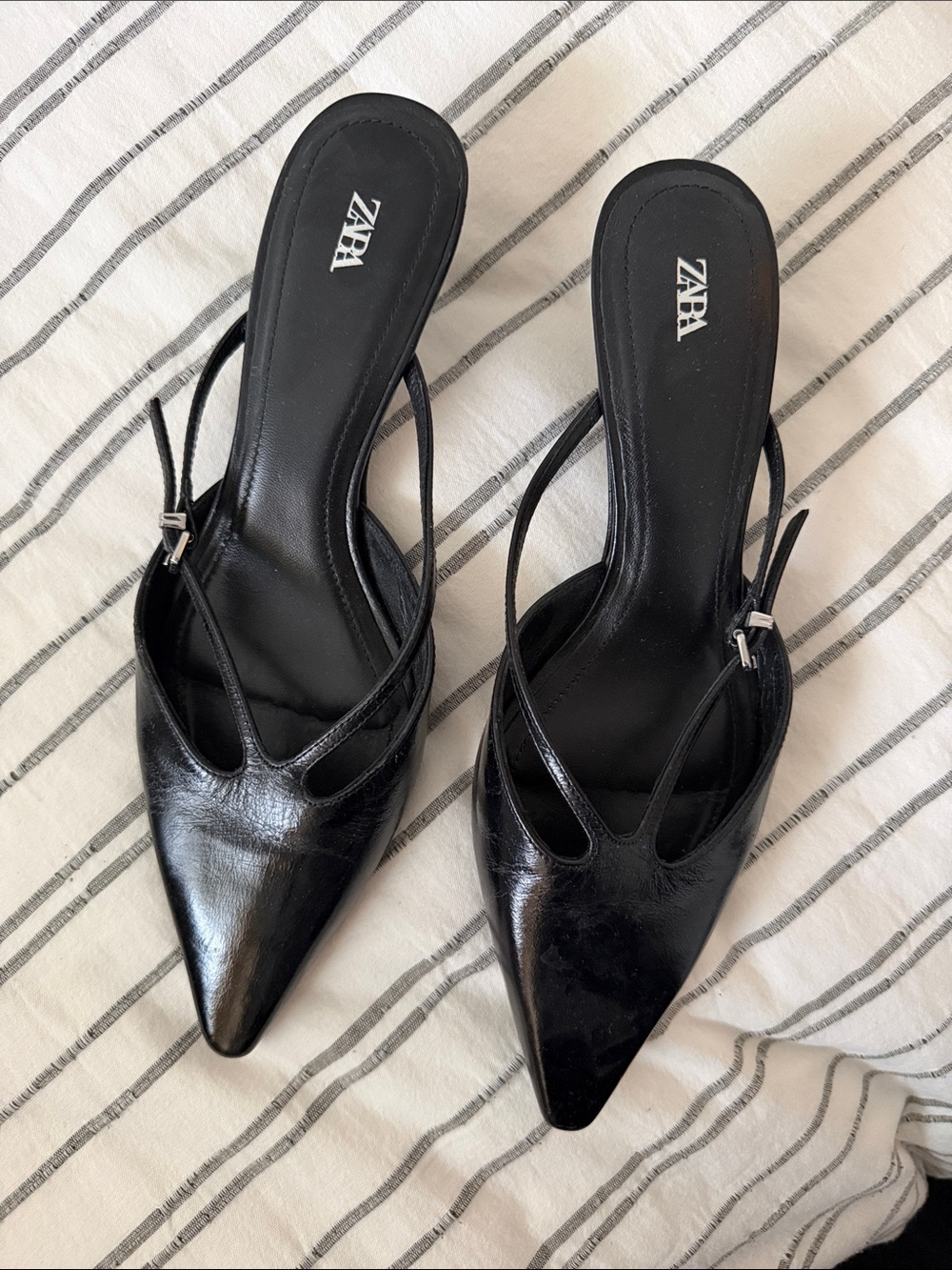 Zara Black Pointed Leather Slingback Mules